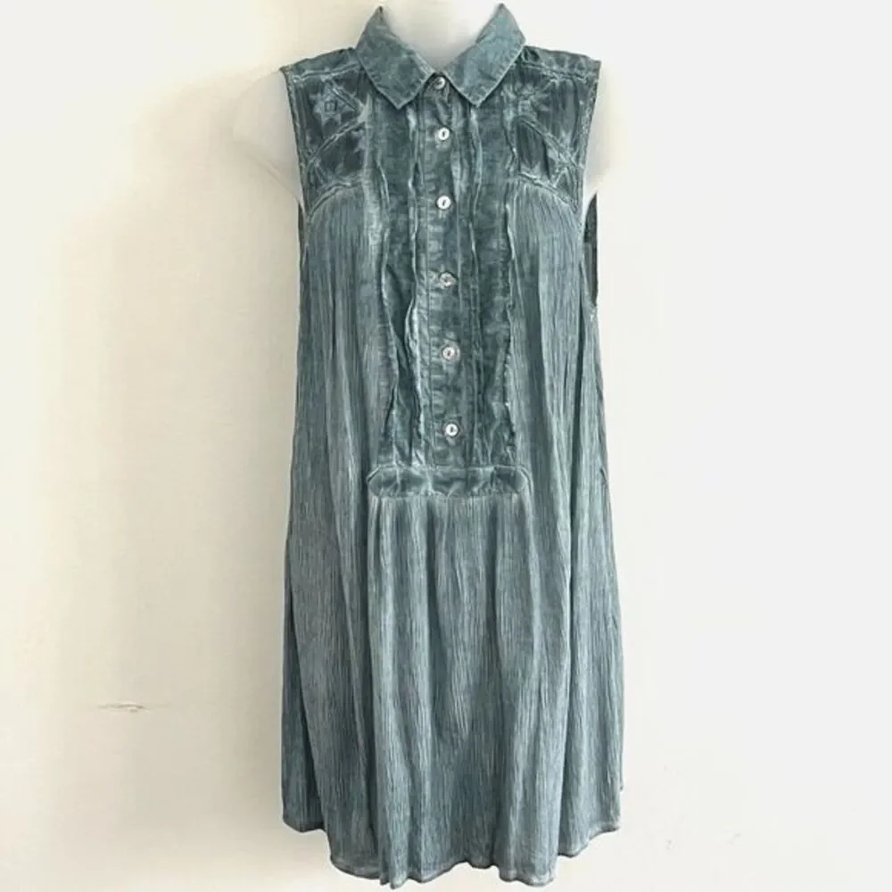 Free People Sleeveless Crinkle Cotton Tunic Top Size XS Teal Western Hippie Chic